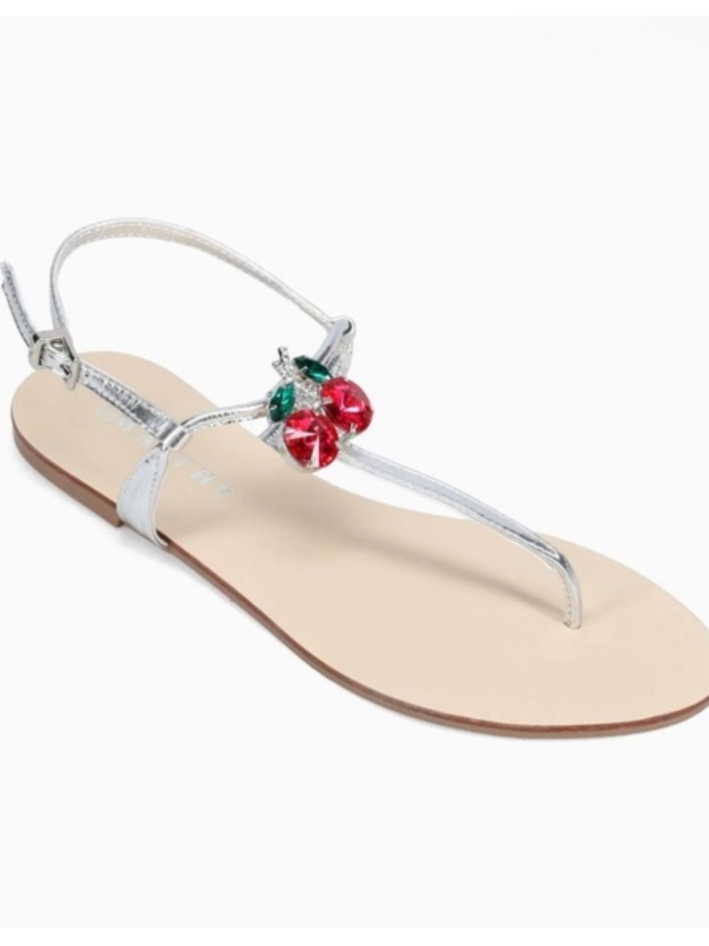 Silver T-Strap Sandals with Red Gem Cherry Accent by